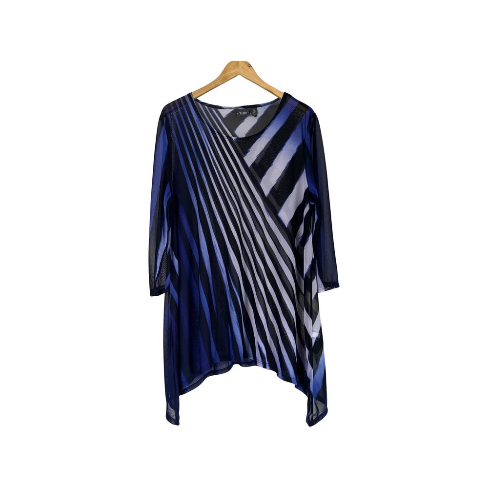 CHICO'S Travelers Collection 3/4 Sleeve Mesh Top Sharkbite Hem Blue Black 3
